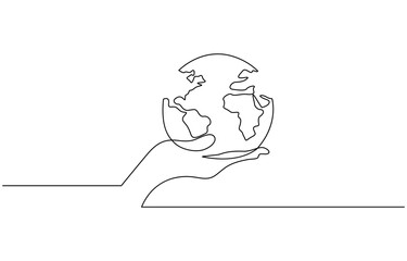 Continuous line drawing of hands holding Earth globe, Hand holding a globe in a continuous line drawing. Simplified design for global care and environmental.