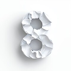 Number 8 made of folded white paper with visible creases isolated on a clean white background