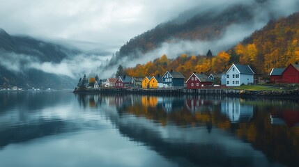 Fototapeta premium waterfront village nestled against a misty mountainside. The buildings are colorful, Scandinavian or Northern European. The scene is tranquil and evokes a sense of quiet rural beauty.