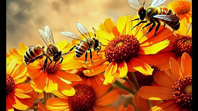 bees on blossom flowers background	
