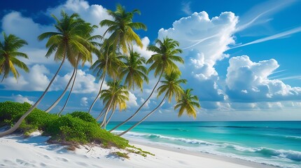 Fototapeta premium Tropical Paradise with Palm Trees and Ocean Waves Under Blue Skies. Generative AI