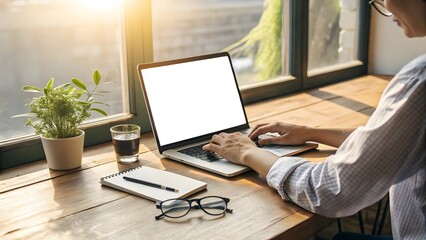 Working on laptop at wooden desk with sunlight. Laptop with white screen. Created with Ai