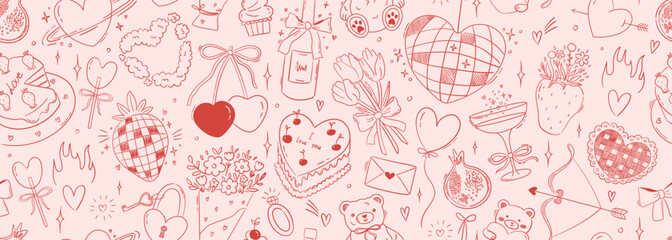Seamless vector banner with romantic doodle drawings in line art style. Coquette background for valentine's day, wedding, dating event. Cute banner texture with outline whimsical illustrations