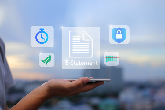 financial e-statement eco friendly reducing paper concept.Man using mobile phone on blurred city as background