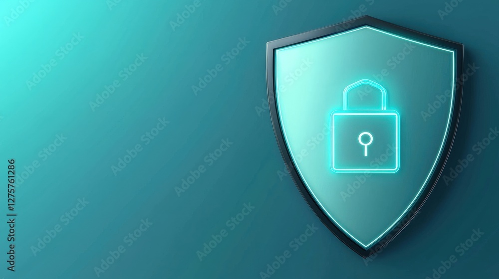 Poster cyber security ransomware security policy concept. digital shield icon featuring a padlock on a teal
