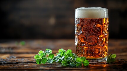 Refreshing beer with clovers on wooden table.