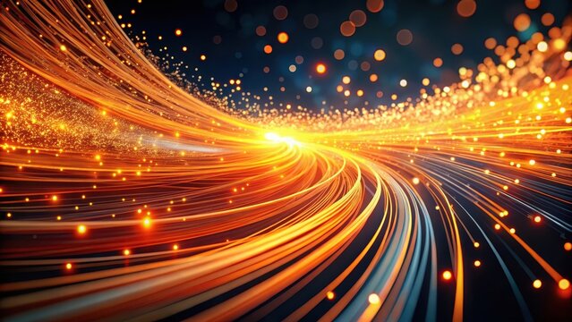Ethereal swirling orange particles suspended in mid-air amidst a futuristic optical fiber infrastructure