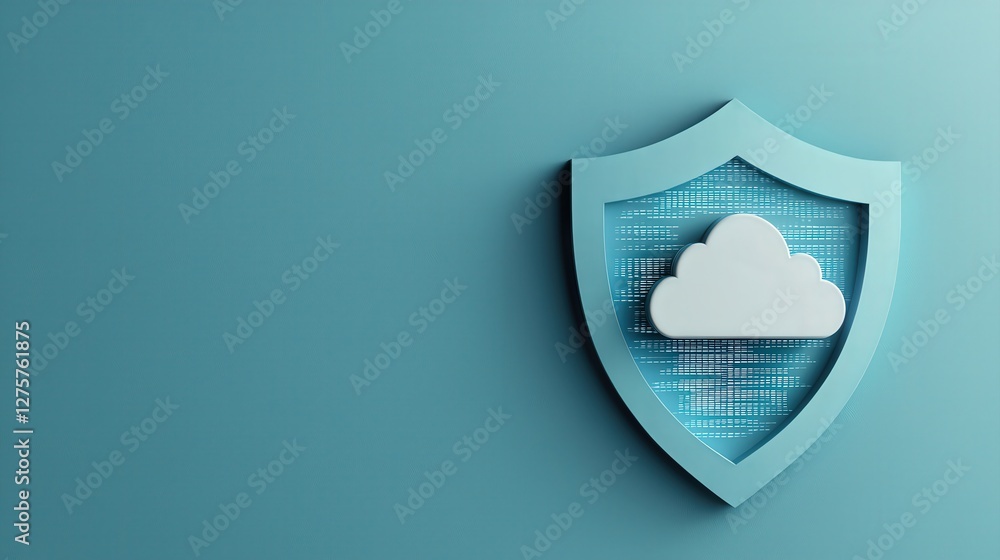Poster cyber security ransomware security policy concept. digital shield with cloud symbol, representing on