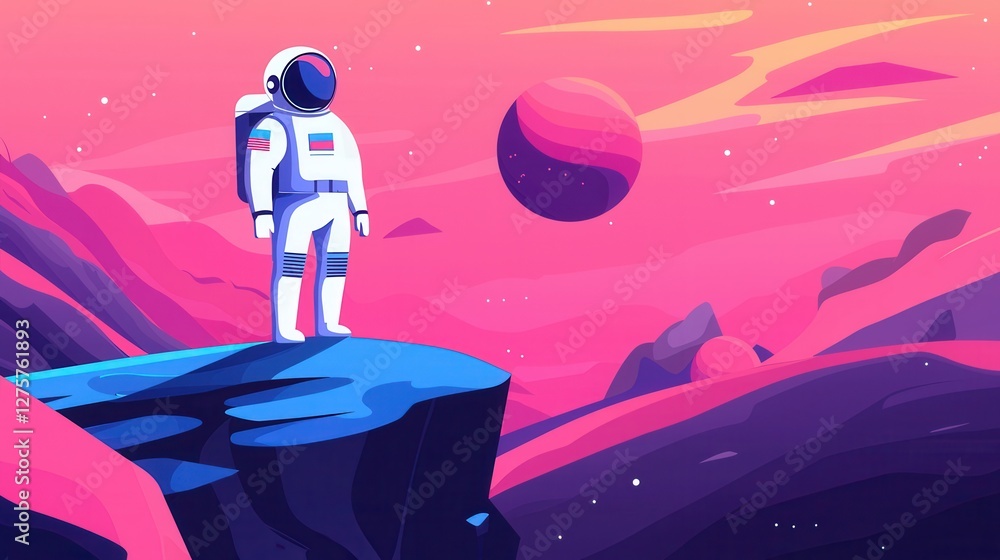Poster astronaut on colorful landscape with planets in outer space