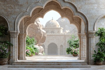Fototapeta premium A serene stone archway opens to a lush garden with intricate architecture in the background. Perfect for showcasing cultural or architectural beauty.