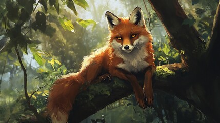 Fototapeta premium Red fox resting on mossy tree branch in lush forest.