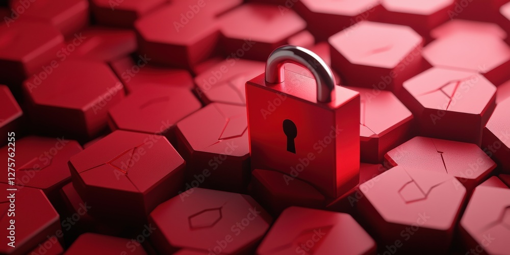 Aufkleber cyber security ransomware security policy concept. a red padlock on hexagonal tiles with letters, sy