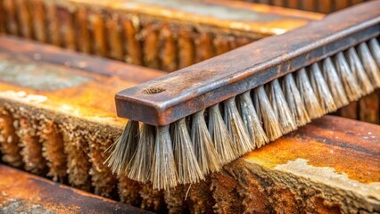 Metal wire brush cleaning metal sheet with rust, metal restoration
