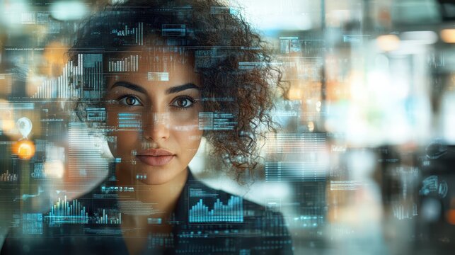 Confident Woman Analyzing Data Through Futuristic Interface
