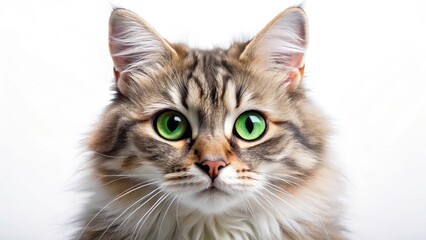 Adorable feline face with bright green eyes and fluffy fur on a white background, cute cat, soft texture