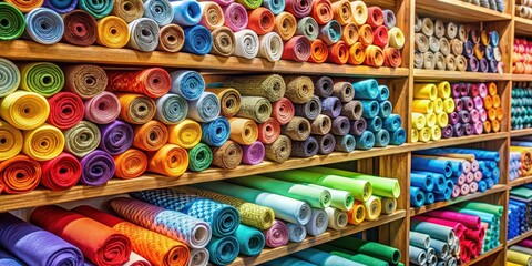 Fototapeta premium Colorful fabric rolls stacked on shelves in a cozy shop interior