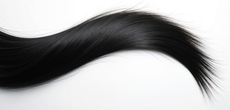 Dark hair strands arranged in arch shape against white background. Shiny black hair styled in smooth curve for beauty salon services promo, hair extension product ads, health care. - Powered by Adobe