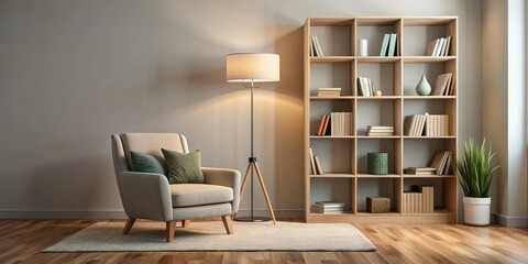 Cozy reading nook with plush armchair and floor lamp , minimalist decor , bookshelf