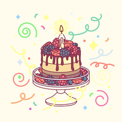 vector birthday cake with one candle and cakestand. Colorful confetty decoration design. Festive cartoon invitation. Celebrate concept. Sweet Happy birthday party card isolated on light background. 
