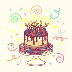vector birthday cake with many candlec and cakestand. Colorful confetty decoration design. Festive cartoon invitation. Celebrate concept. Sweet Happy birthday party card isolated on light background. 