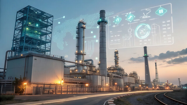 modern refinery at dusk with digital hologram overlay displaying data and analytics, showcasing advanced technology in industrial operations - Powered by Adobe