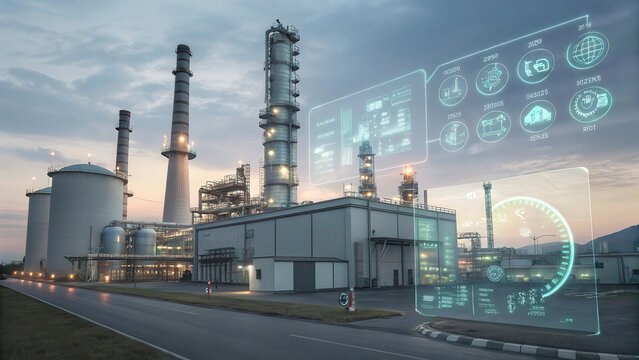 modern refinery with digital holograms displaying data overlays industrial landscape, showcasing advanced technology and innovation in energy production