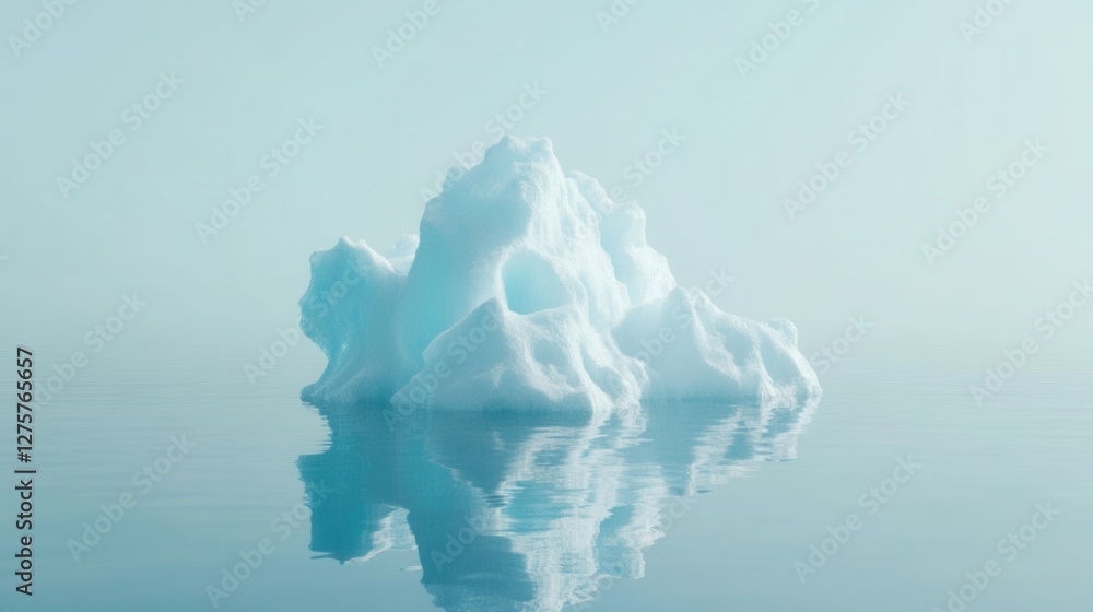 Poster serene iceberg floating on calm waters with soft blue tones and reflection in minimalist style
