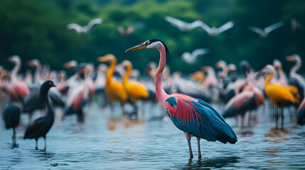 Colorful flock of cranes wading in tranquil waters, vibrant feathers reflecting nature's beauty, peaceful wildlife scene.