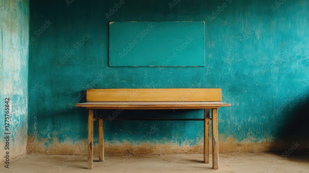 Poster rustic wooden table against turquoise wall with empty frame above in a serene environment