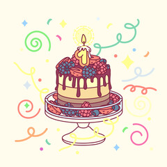 vector birthday cake with candle one (1) and cakestand. Colorful confetty decoration design. Festive cartoon invitation. Celebrate concept. Sweet Happy birthday party card isolated on light backgrou
