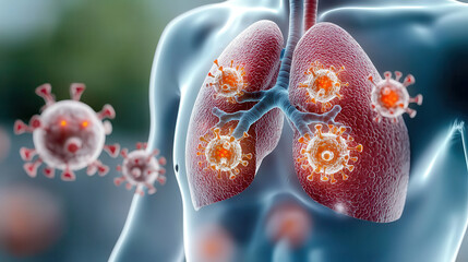 transparent body scan reveals lungs affected by viral infection, highlighting presence of virus particles. image illustrates impact of respiratory diseases on human health