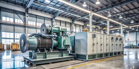 Large industrial electrical generator with high voltage cables and transformers on a concrete pad amidst machinery and equipment in a manufacturing facility , generator, machinery