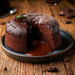 Rich and Gooey Chocolate Lava Cake with Melted Center on Rustic Wooden Plate