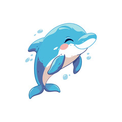 Obraz premium Funny happy vector cute cartoon dolphin jumping out abstract baby dolphin vector, ocean baby animal, cute animal isolated, adorable dolphin for print, vector illustration
