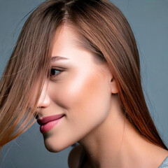 Junge schöne Frau im Profil mit glatten braunen Haaren, die ihre Nase versteckt. Nahaufnahme. Portait.