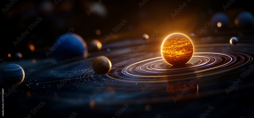 Poster spectacular rendering of a planetary system with glowing rings and planets
