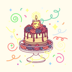 vector birthday cake with candle seven (7) and cakestand. Colorful confetty decoration design. Festive cartoon invitation. Celebrate concept. Sweet Happy birthday party card isolated on light backgrou