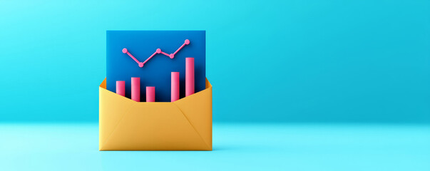 An envelope with a rising graph inside, symbolizing financial growth, communication, and data analysis against a bright blue background.