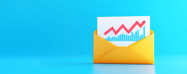 An envelope containing a report with a rising graph, symbolizing growth and communication in business or finance.