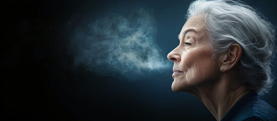 A serene portrait of an elderly woman reflecting on life, ideal for memorial services, retirement themes, and wellness campaigns focused on aging gracefully.