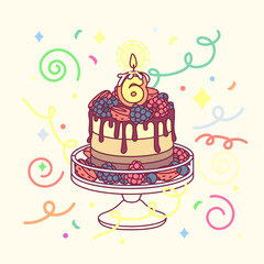 vector birthday cake with candle six (6) and cakestand. Colorful confetty decoration design. Festive cartoon invitation. Celebrate concept. Sweet Happy birthday party card isolated on light background