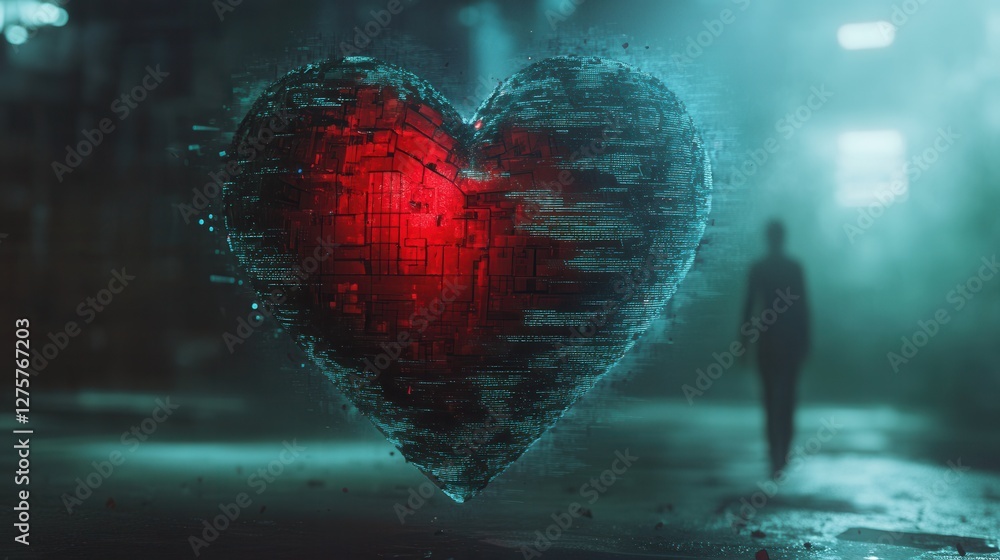 Poster digital heart concept with glowing red core and mysterious silhouette in background