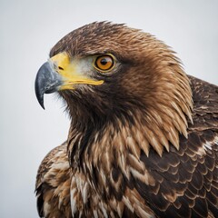 Fototapeta premium A golden eagle with fierce eyes, its feathers detailed against a white backdrop.