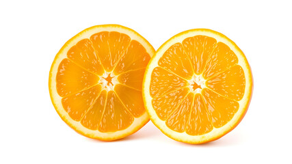 A fresh, juicy orange cut in half, showing its bright, glistening pulp and natural imperfections. Isolated on a white backdrop.