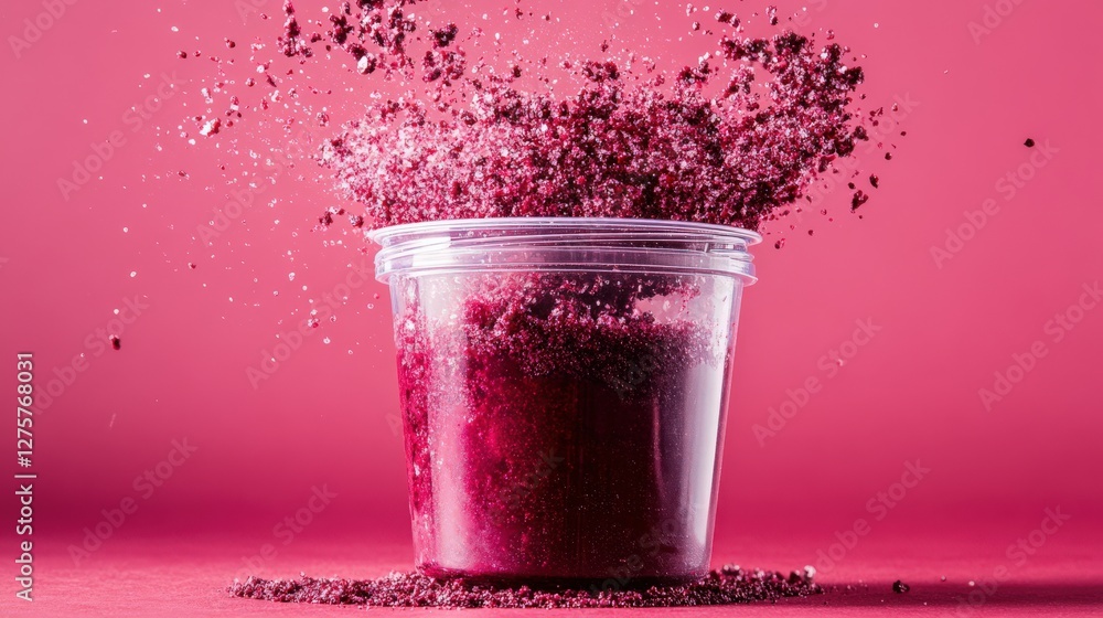 Aufkleber vibrant pink powder explodes from a clear container against a pink backdrop, creating dynamic motion