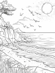 Fototapeta premium landscape sea beach for coloring book for ederly