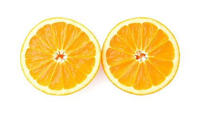 A fresh, juicy orange cut in half, showing its bright, glistening pulp and natural imperfections. Isolated on a white backdrop.