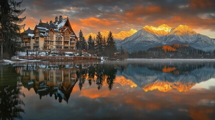 Obraz premium Lakeside chalet sunrise, mountain reflection, winter calm, tourism postcard