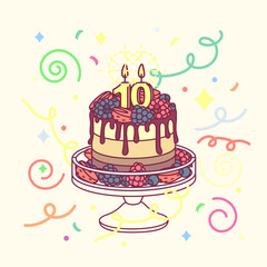 vector birthday cake with candle ten (10) and cakestand. Colorful confetty decoration design. Festive cartoon invitation. Celebrate concept. Sweet Happy birthday party card isolated on light backgroun