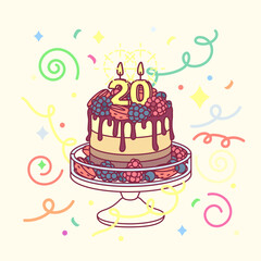 vector birthday cake with candle twenty (20) and cakestand. Colorful confetty decoration design. Festive cartoon invitation. Celebrate concept. Sweet Happy birthday party card isolated on light backgr